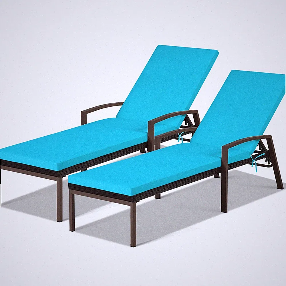2PCS Patio Rattan Lounge Chair Chaise Recliner Back Adjustable Cushion Turquoise