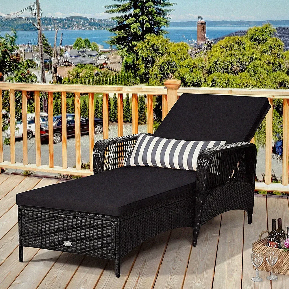 2PCS PE Rattan Chaise Lounge Chair Recliner Adjustable Pillow Black for beach