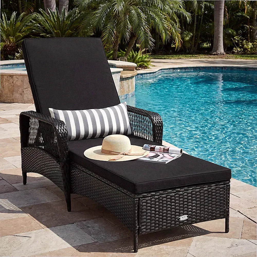 2PCS PE Rattan Chaise Lounge Chair Recliner Adjustable Pillow Black for lawn