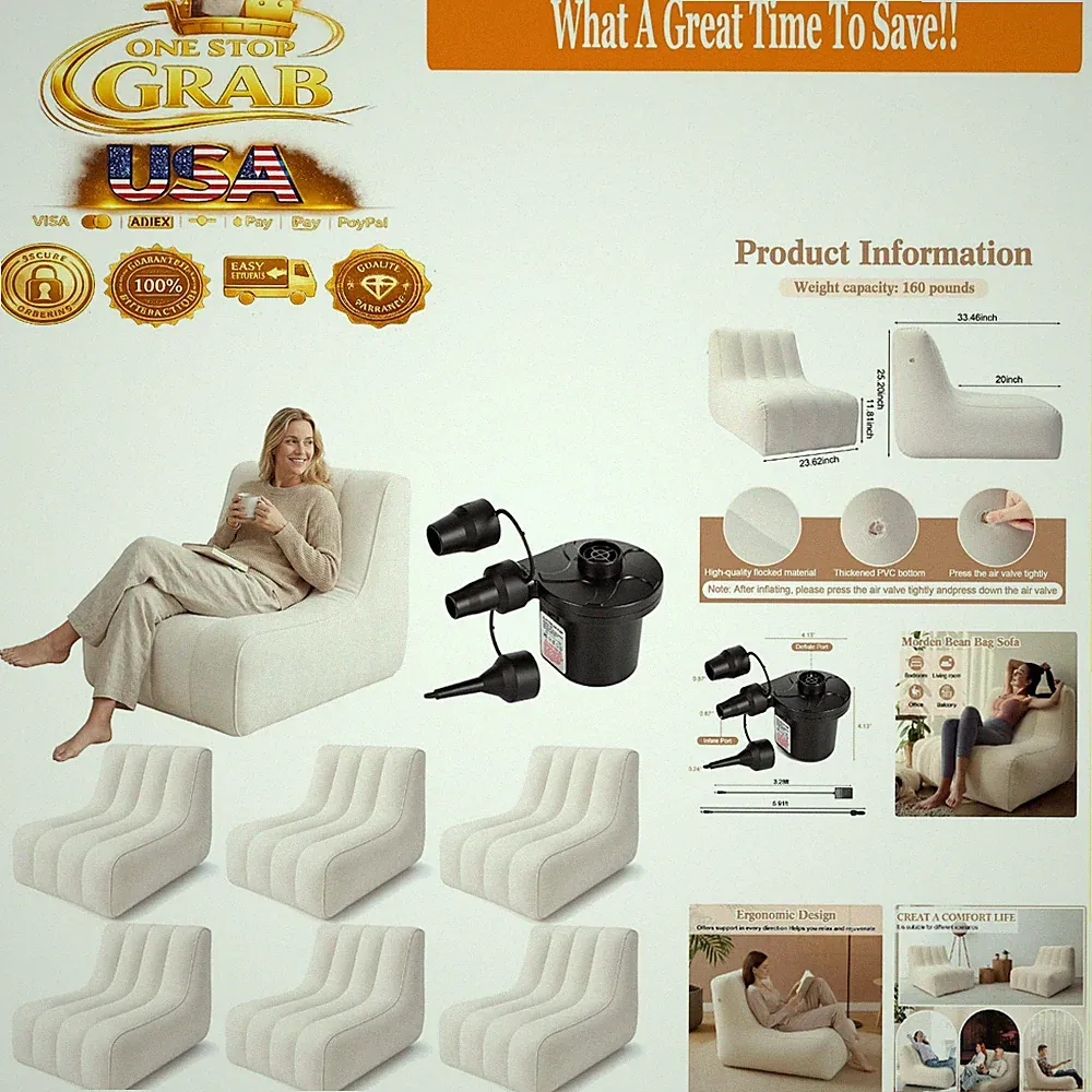 6 Pcs Inflatable Chairs with Air Pump for Adults Flocked Sofa Beige