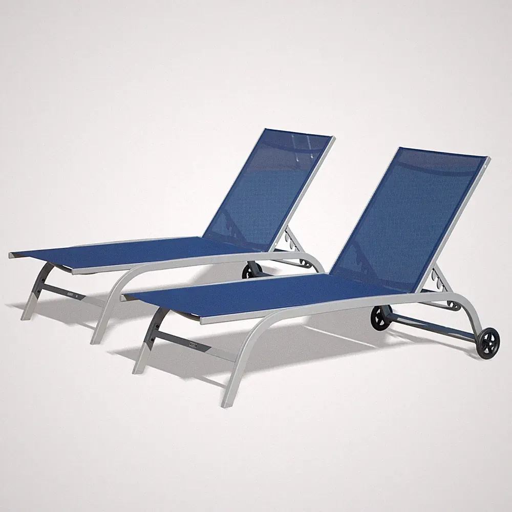 Chaise Lounge Outdoor Set of 2, Lounge Chairs w/ Wheels for Patio, Beach Blue