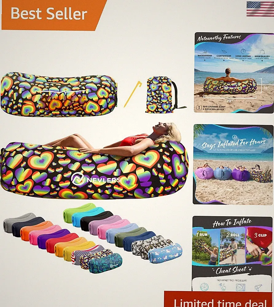 Compact Rainbow Hearts Inflatable Chair - 450 lbs, Perfect for Travel Adventures
