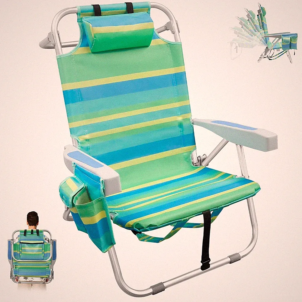 Low Beach Chair for Adults,5 Position Lay Flat, Oversized, 1 Pack Green