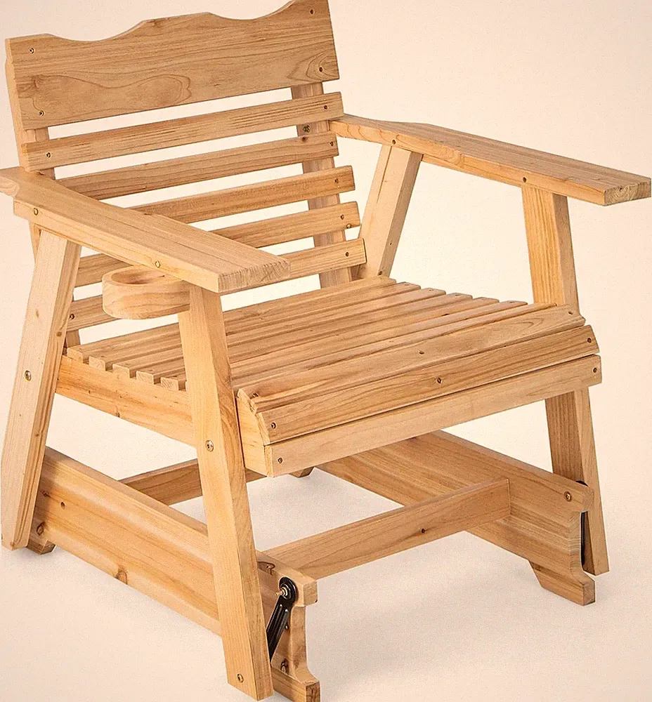 Natural Fir Wood Glider Chair with Hidden Cup Holder for Patio Relaxation