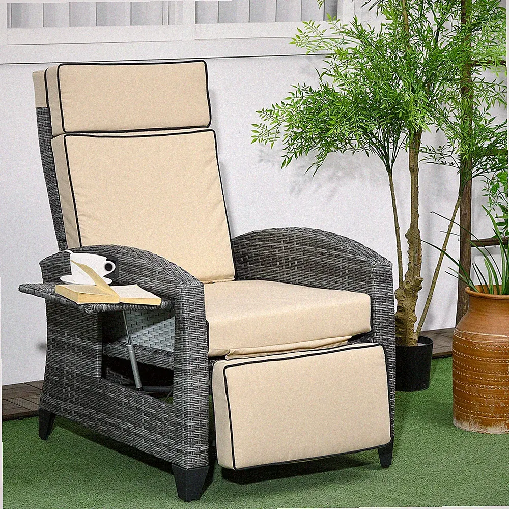Outdoor Recliner Chair with Cushions, Reclining Patio Lounge Chair with Adjusta
