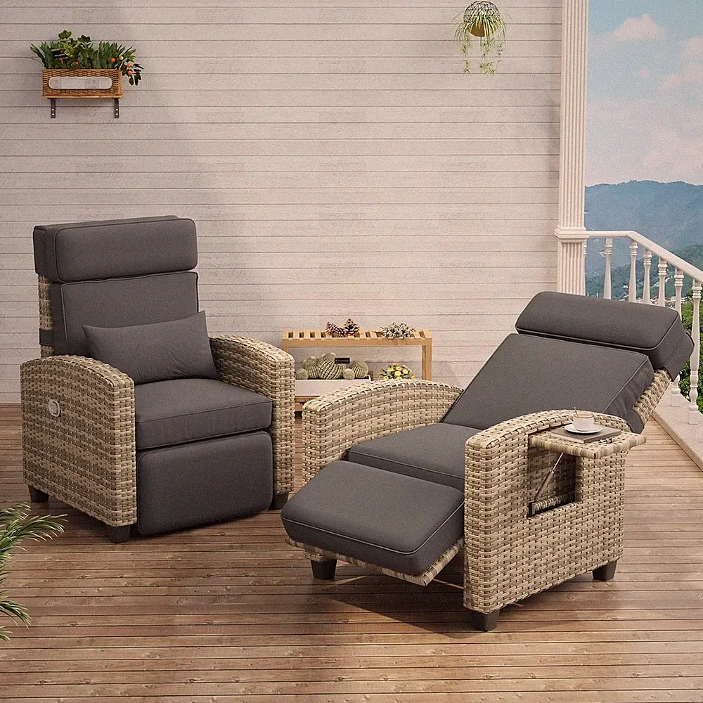 Outdoor Wicker Recliner W/ Footrest, 150° Adjustable Patio Chair Grey for Pool
