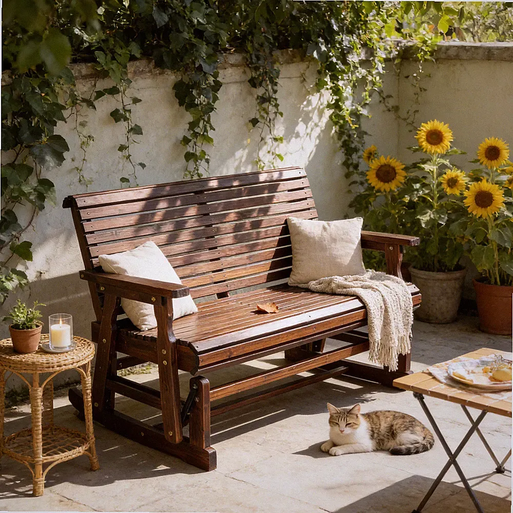 Outdoor Wooden Patio Glider with High Roll Back and Deep Contoured Seat (2-Seat)