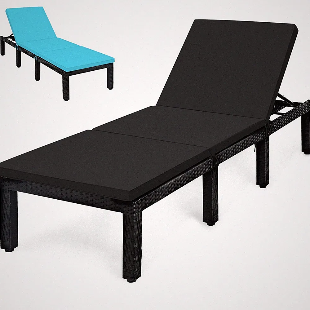 Patio Rattan Lounge Chair Chaise Recliner Adjust Cushion Black & Turquoise Cover