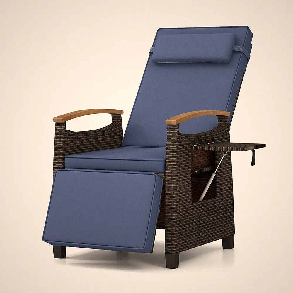 Patio Wicker Recliner Chair w/ Footrest Flip Side Table & Adjustable Backrest