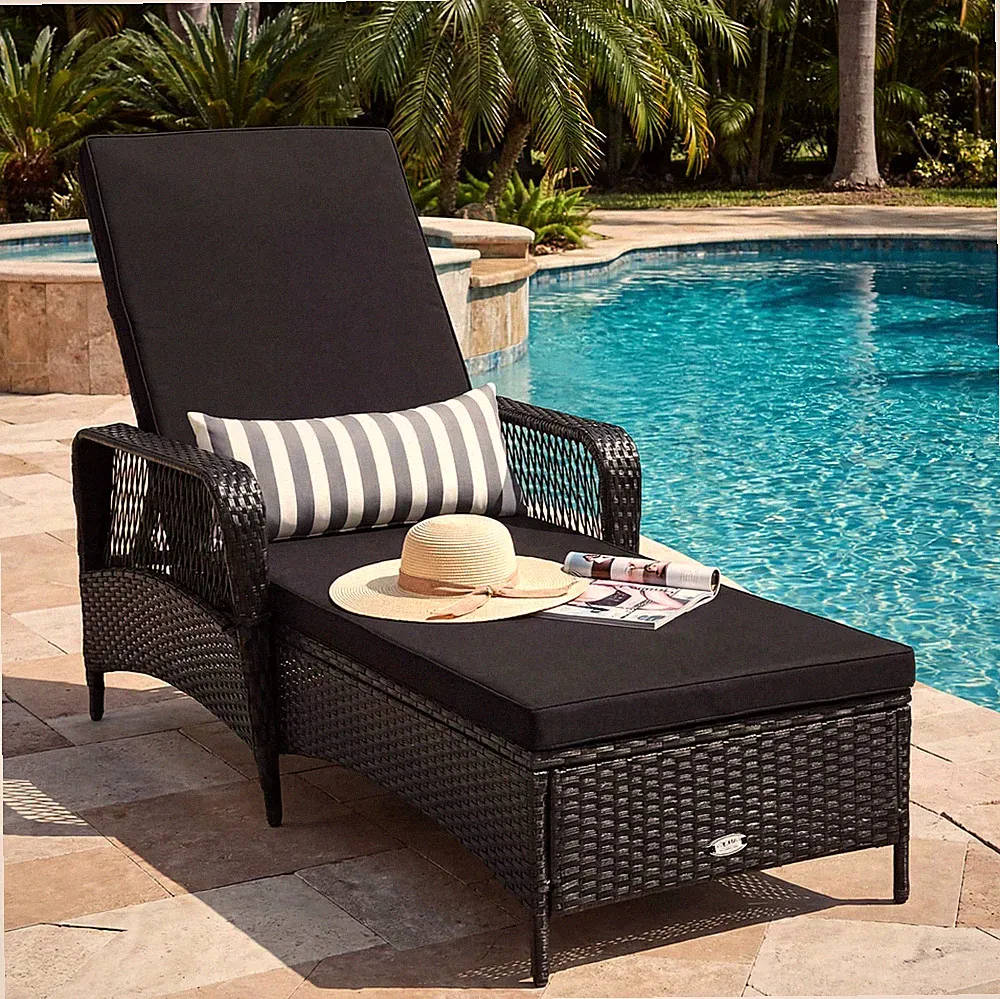 PE Rattan Chaise Lounge Chair Armrest Recliner Adjustable Pillow Black for lawn
