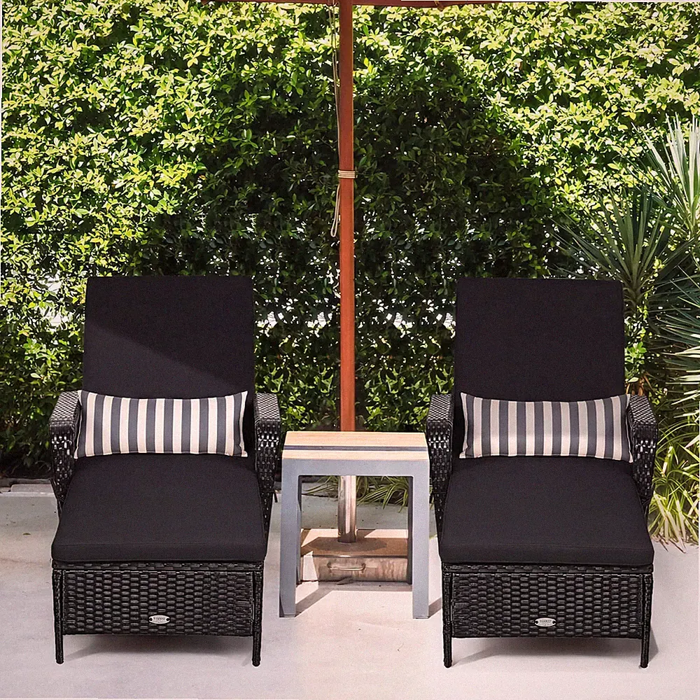 PE Rattan Chaise Lounge Chair Armrest Recliner Adjustable Pillow Black for yard