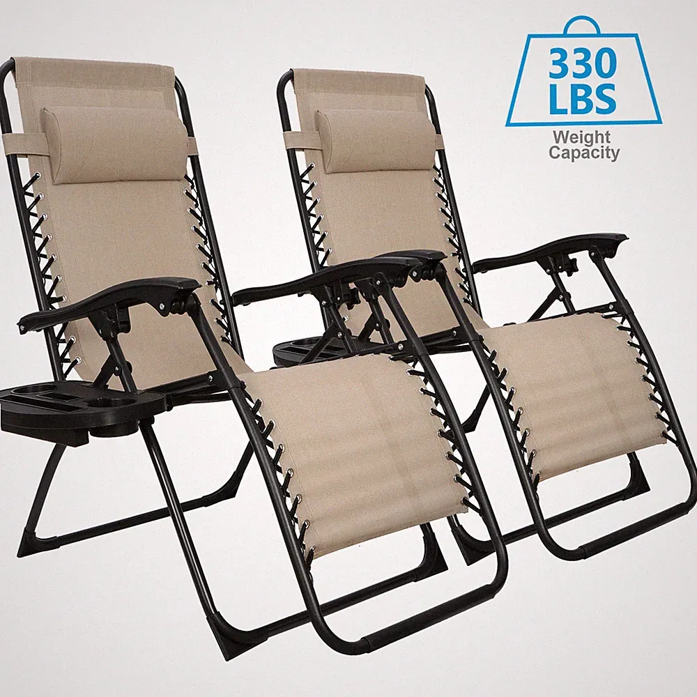 Set of 2 Zero Gravity Lounge Chair Recliners for Patio Pool w/Cup Holders Beige