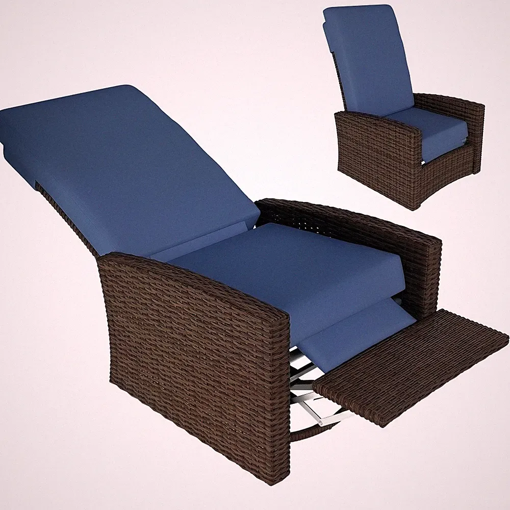 Swivel Recliner Chair w/ Cushions, 360° Rotation, Blue, for Patio Poolside