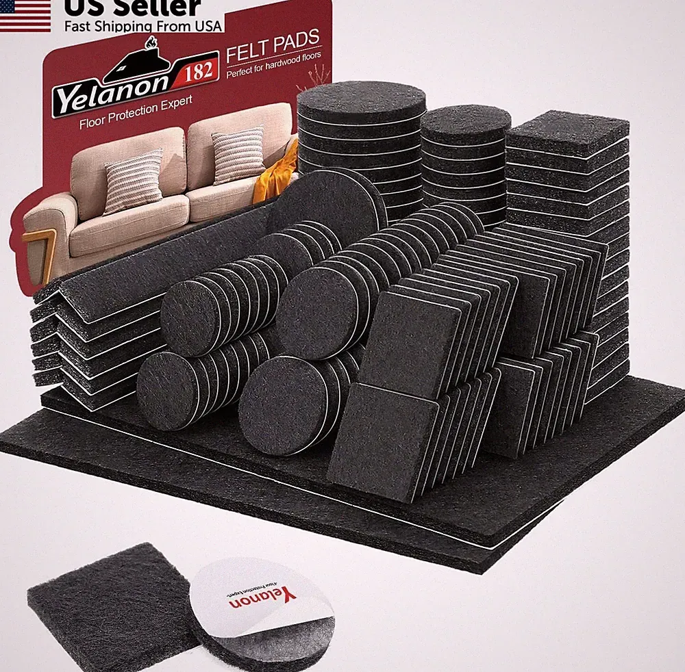 Yelanon 182 Pcs Felt Furniture Pads Black Floor Protectors Hardwood Chair Leg